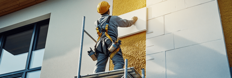 Un artisan installe des panneaux d’isolation thermique sur une maison Un artisan installe des panneaux d'isolation thermique sur une maison
