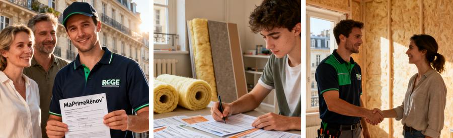 Propriétaires et artisan RGE étudiant les aides financières pour isolation intérieure Paris 6e arrondissement