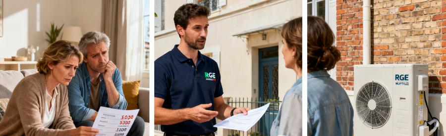 Aides MaPrimeRénov' pour pompe à chaleur à Montreuil : propriétaires et artisan RGE étudiant les dispositifs de financement