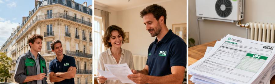Artisan RGE présentant les aides MaPrimeRénov' pour installation pompe à chaleur à propriétaires Paris 12e
