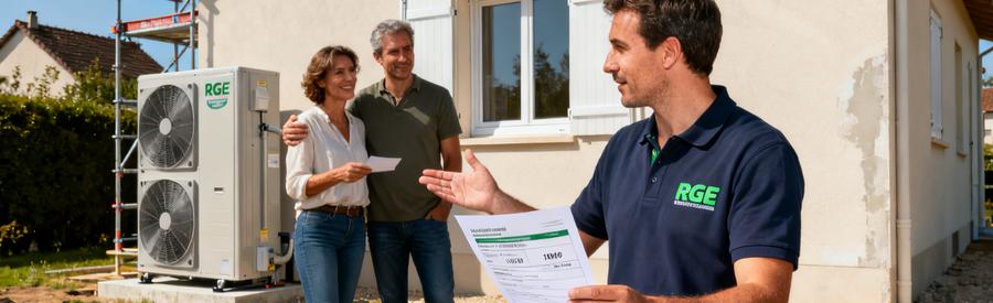 Propriétaires et artisan RGE étudiant les aides MaPrimeRénov' et CEE pour installation pompe à chaleur Val-d'Oise