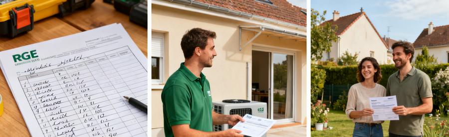 Artisan RGE présentant les aides MaPrimeRénov' pour pompe à chaleur à des propriétaires à Bondy