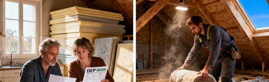 Devis isolation intérieure : Propriétaires étudiant les aides financières isolation intérieure et artisan posant laine minérale en combles