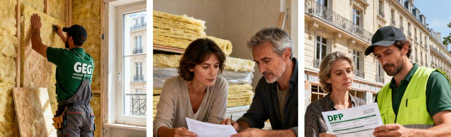 Artisan RGE posant isolation intérieure Paris 13e et propriétaires consultant documents aides financières 2026