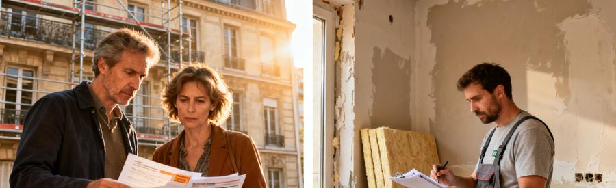 Aides Financieres Isolation Interieure Paris 4e 2026 Propriétaires et artisan RGE étudiant les aides MaPrimeRénov' pour isolation intérieure Paris 4e en 2026