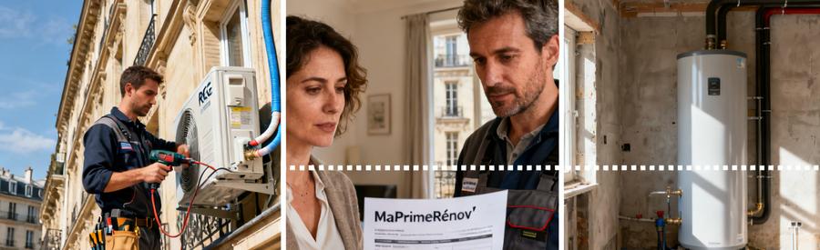 Installation pompe à chaleur Paris 11e et aides MaPrimeRénov' : artisan RGE et propriétaires étudiant leur dossier
