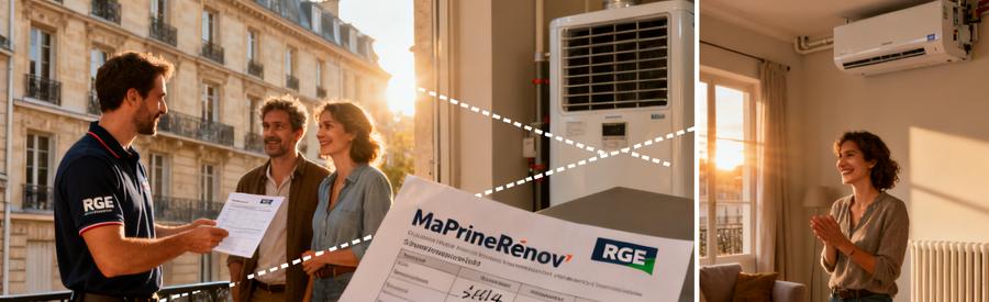 Artisan RGE présentant les aides MaPrimeRénov' pour une pompe à chaleur air/eau à des propriétaires parisiens