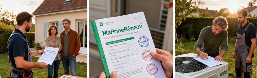 Propriétaires et artisan RGE étudiant les aides MaPrimeRénov' pour installation pompe à chaleur Les Mureaux