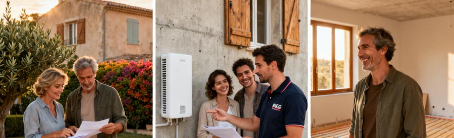 Aides financières PAC Mougins 2026 : propriétaires et artisan RGE étudiant les dispositifs de financement