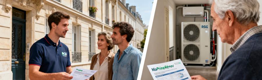 Propriétaires parisiens consultant les aides MaPrimeRénov' pour installation pompe à chaleur Paris 14e avec artisan RGE