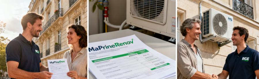 Artisan RGE présentant les aides MaPrimeRénov' pour pompe à chaleur à des propriétaires Paris 18e