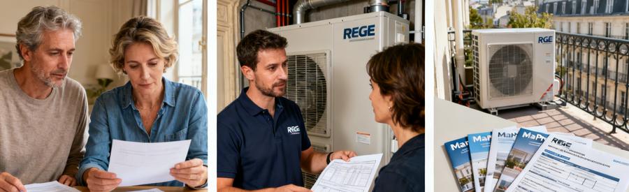 Propriétaires et artisan RGE étudiant les aides financières pour installation pompe à chaleur Paris 2e arrondissement