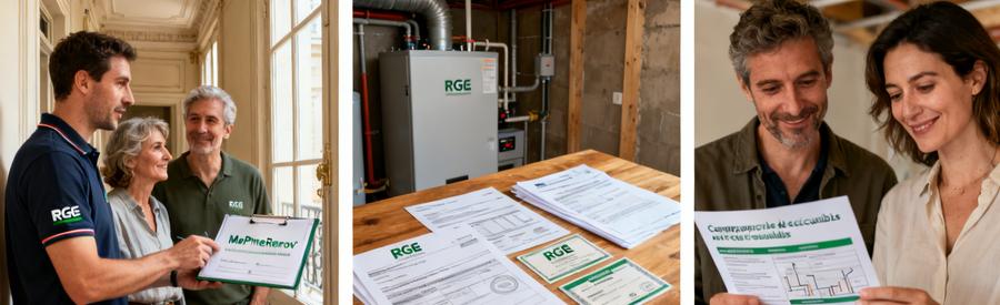 Artisan RGE présentant les aides MaPrimeRénov' pour pompe à chaleur à des propriétaires Paris 3e