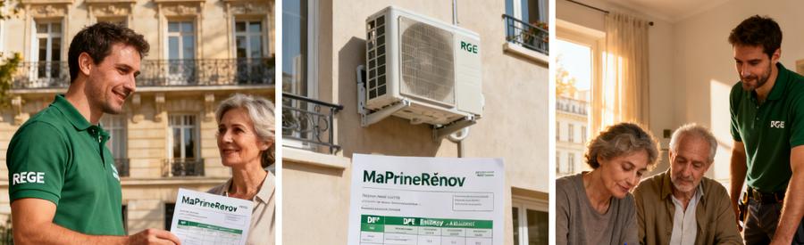 Aides Financieres Pac Paris 8e Maprimrenov 2026 Artisan RGE présentant les aides MaPrimeRénov' pour pompe à chaleur à des propriétaires parisiens en 2026
