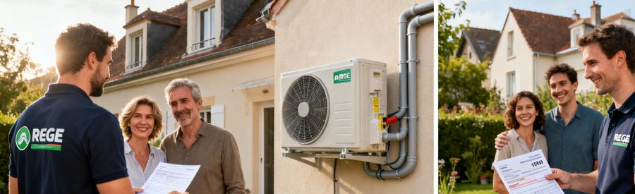 Aides MaPrimeRénov' pompe à chaleur Taverny : artisan RGE et propriétaires étudiant les dispositifs de financement PAC