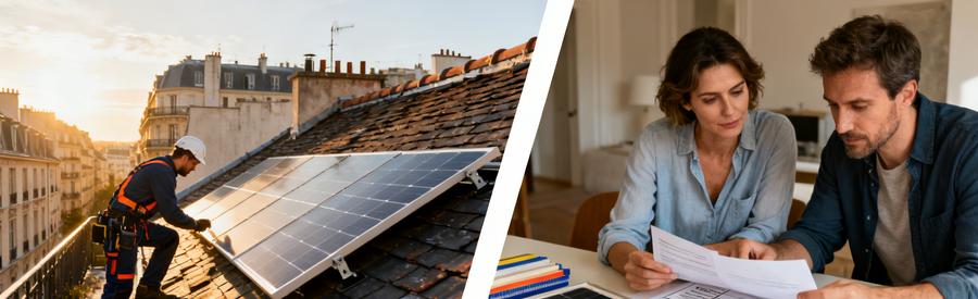 Aides Financieres Panneaux Solaires Paris 18 Artisan RGE sur toiture parisienne et propriétaires étudiant les aides financières pour installation solaire Paris 18e