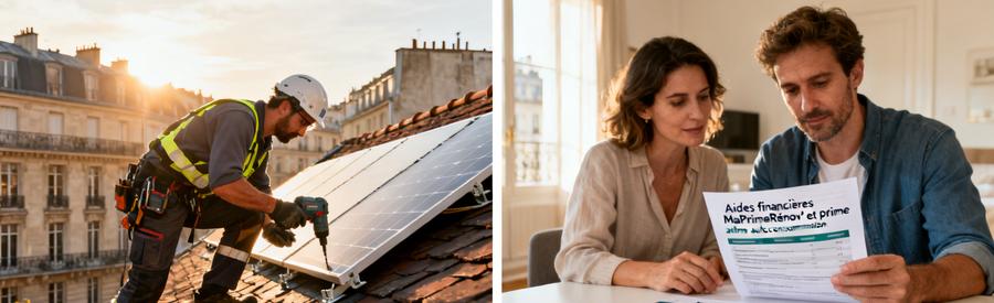 Artisan RGE installant panneaux solaires sur toiture parisienne et propriétaires étudiant les aides financières 2026