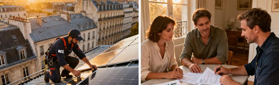 Aides Financieres Panneaux Solaires Paris 4e Artisan RGE et propriétaires parisiens étudiant les aides financières pour installation solaire Paris 4e arrondissement