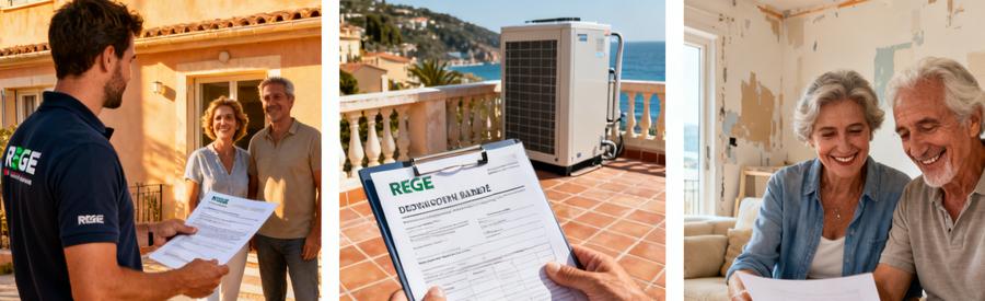 Aides financières pompe à chaleur Menton : artisan RGE et propriétaires étudiant les dispositifs MaPrimeRénov'