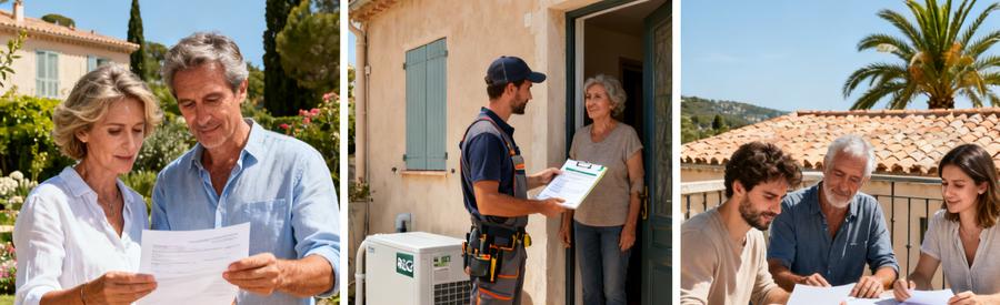 Propriétaires de Vallauris étudiant les aides financières pour leur pompe à chaleur avec un artisan RGE
