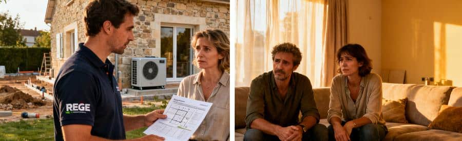 Artisan RGE présentant un devis pompe à chaleur avec aides financières à des propriétaires après installation subventionnée