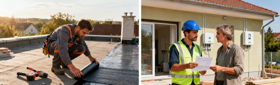 Devis étanchéité : Artisan étanchéité sur toiture-terrasse et propriétaire consultant document sur les aides disponibles pour travaux