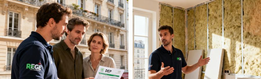 Artisan RGE expliquant les conditions d'éligibilité aux aides isolation intérieure Paris 18e à des propriétaires