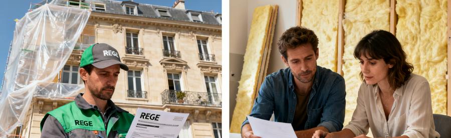 Artisan RGE et propriétaires étudiant les aides financières pour isolation intérieure Paris 19e