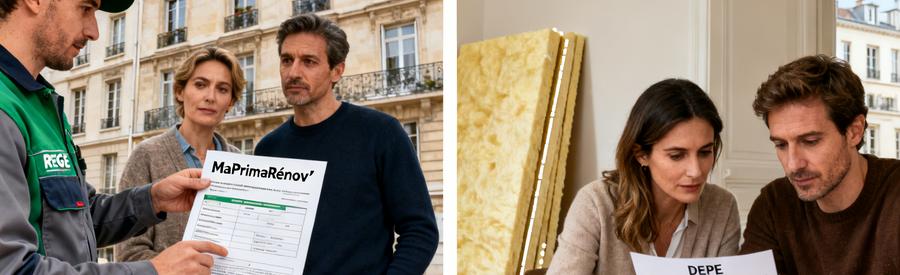 Propriétaires et artisan RGE étudiant les conditions d'éligibilité MaPrimeRénov' pour isolation intérieure Paris 20e