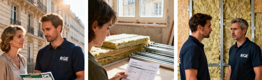 Propriétaires et artisan RGE étudiant les aides financières pour isolation intérieure à Paris 9e
