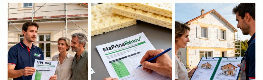 Devis isolation extérieure : Propriétaires et artisan RGE étudiant les aides MaPrimeRénov' Accompagné pour un projet d'isolation extérieure