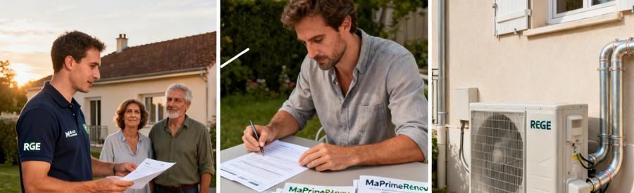 Propriétaires et artisan RGE étudiant les aides MaPrimeRénov' pour installation pompe à chaleur à Antony