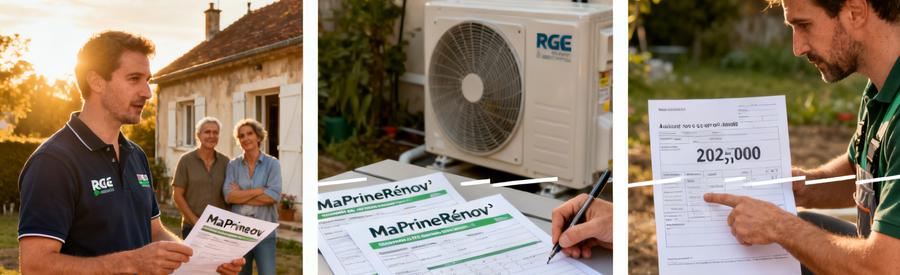 Artisan RGE présentant les aides MaPrimeRénov' pour pompe à chaleur à des propriétaires à Aulnay-sous-Bois