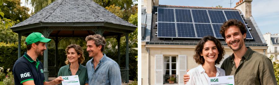 Aides Panneaux Solaires Paris 14e Prime Autoconsommation Artisan RGE présentant les aides financières panneaux solaires Paris 14e à des propriétaires