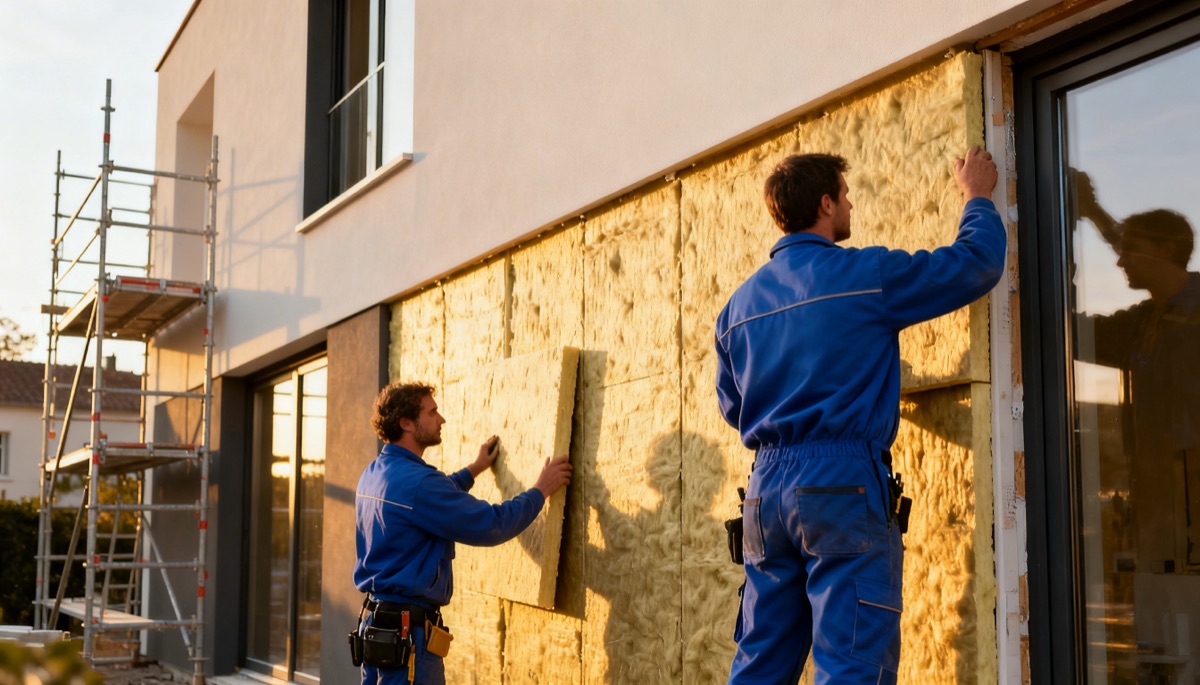 Techniciens installant une isolation thermique sur les murs extérieurs d'une maison française