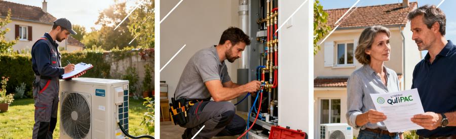 Artisan certifié QualiPAC RGE installant une pompe à chaleur chez un particulier en Essonne 91