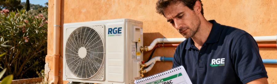 Artisan RGE QualiPAC vérifiant document de certification devant unité extérieure PAC installée à Vallauris