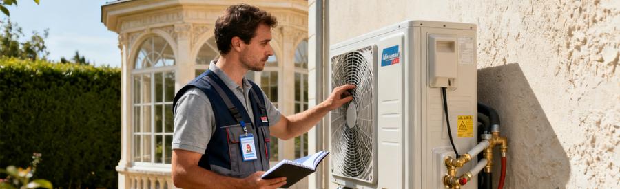Artisan Qualipac Verification Unite Exterieure Pac Artisan certifié RGE QualiPAC contrôlant l'installation d'une pompe à chaleur sur façade de pavillon