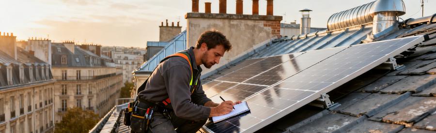 Artisan Qualipv Panneaux Solaires Toiture Paris 4e Artisan RGE QualiPV inspectant des panneaux solaires sur toiture haussmannienne du Marais à Paris 4e