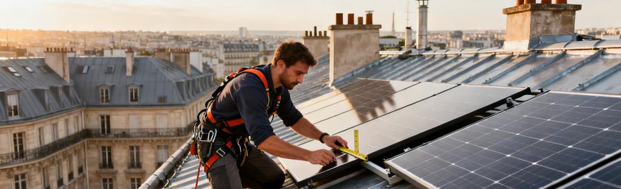 Artisan Qualipv Pose Panneaux Solaires Toiture Zinc Paris 8e Installateur RGE QualiPV posant des panneaux solaires sur toiture en zinc d'un immeuble haussmannien Paris 8e