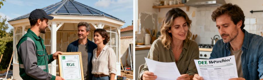 Artisan certifié RGE présentant ses documents à des propriétaires pour accéder aux aides rénovation énergétique