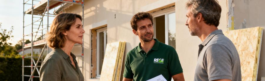 Artisan Rge Estimation Isolation Interieure Ile De France Artisan RGE présentant une estimation isolation intérieure à des propriétaires franciliens devant leur maison en travaux