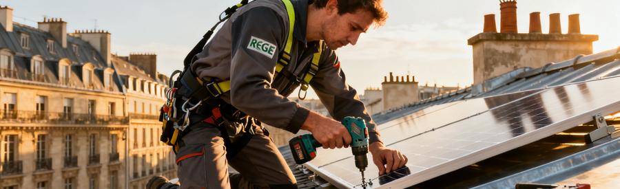 Artisan RGE QualiPV installant des panneaux photovoltaïques sur toiture zinc d'immeuble haussmannien à Paris
