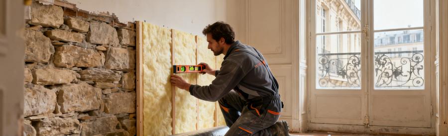 Artisan Rge Isolation Interieure Appartement Haussmannien Paris 5e Artisan RGE certifié posant des panneaux isolants sur mur en pierre de taille d'un appartement haussmannien Paris 5e