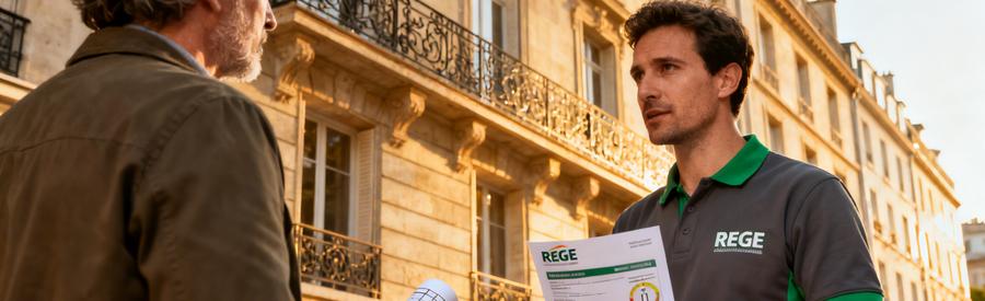 Artisan certifié RGE présentant ses qualifications à un propriétaire devant un immeuble parisien haussmannien