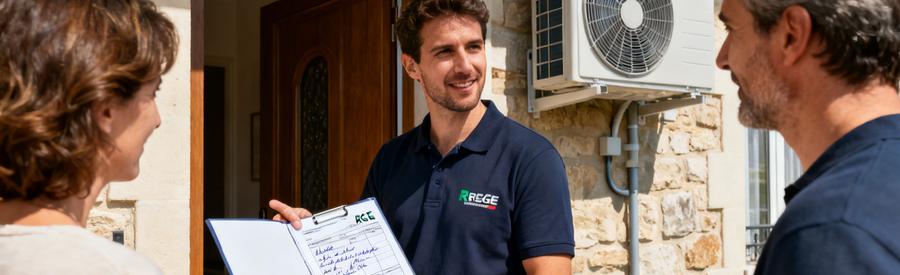 Artisan RGE présentant propositions d'installation pompe à chaleur à des propriétaires à Levallois-Perret