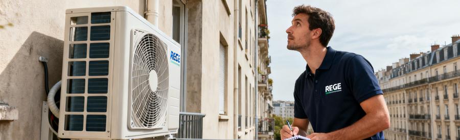 Artisan Rge Pompe Chaleur Boulogne Billancourt Technicien RGE certifié QualiPAC évaluant l'installation d'une pompe à chaleur dans un immeuble de Boulogne-Billancourt