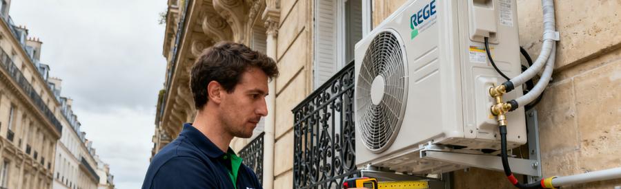 Artisan Rge Pompe Chaleur Immeuble Haussmannien Paris Technicien RGE certifié QualiPAC installant une pompe à chaleur sur façade d'immeuble haussmannien à Paris