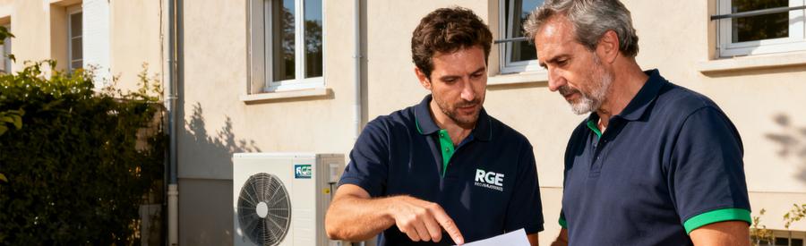 Artisan RGE présentant un projet de pompe à chaleur à un propriétaire devant sa maison à Issy-les-Moulineaux