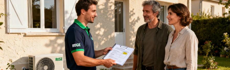 Artisan certifié RGE QualiPAC présentant son attestation à des propriétaires, unité PAC installée en arrière-plan